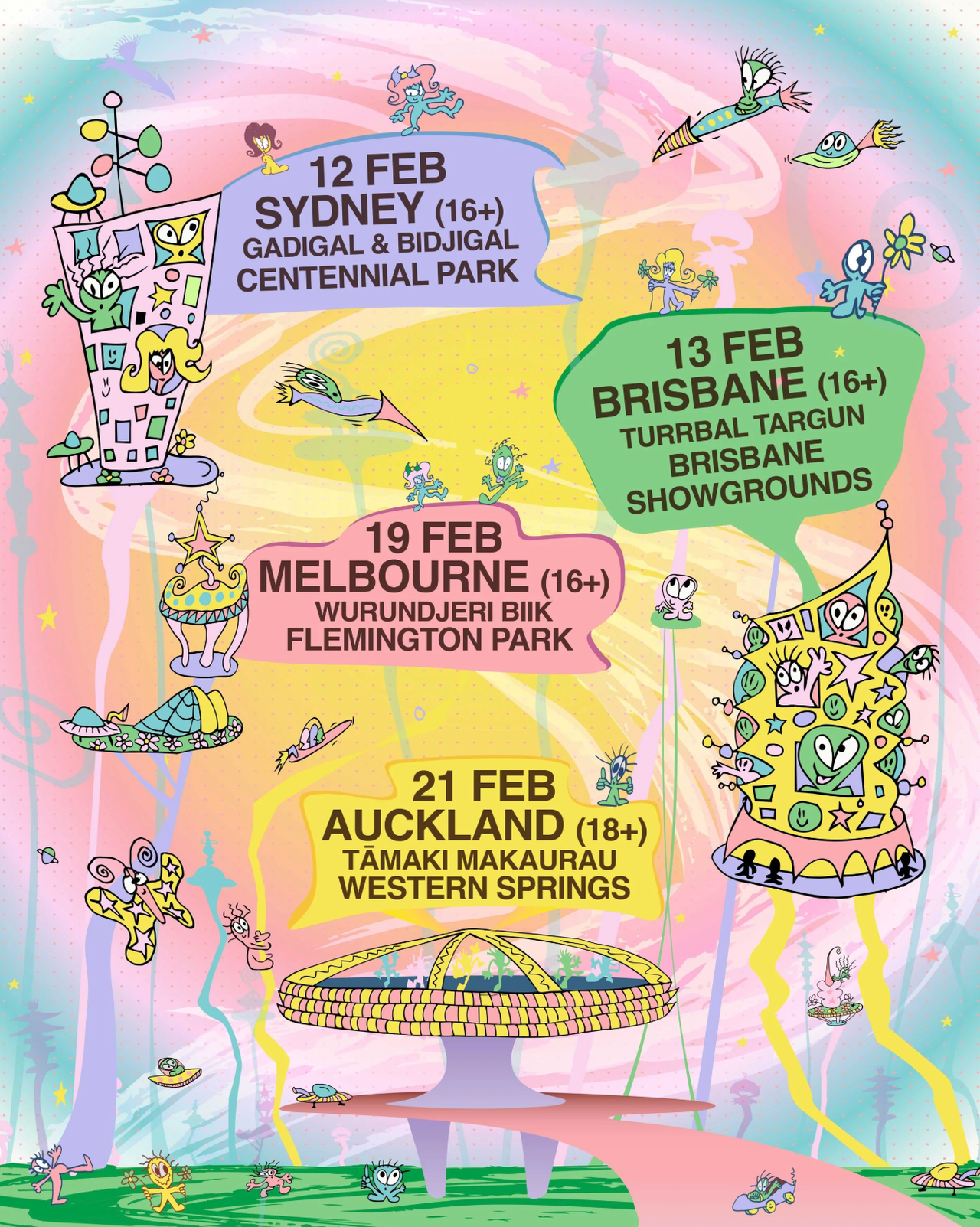 St Jerome's Laneway Festival 2027 poster featuring cartoon space illustrations and February tour dates for Sydney, Brisbane, Melbourne, and Auckland.